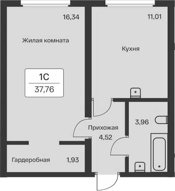 1-комнатная квартира 37.76 м², 1/12 эт., ЖК «Расцветай в Янино»